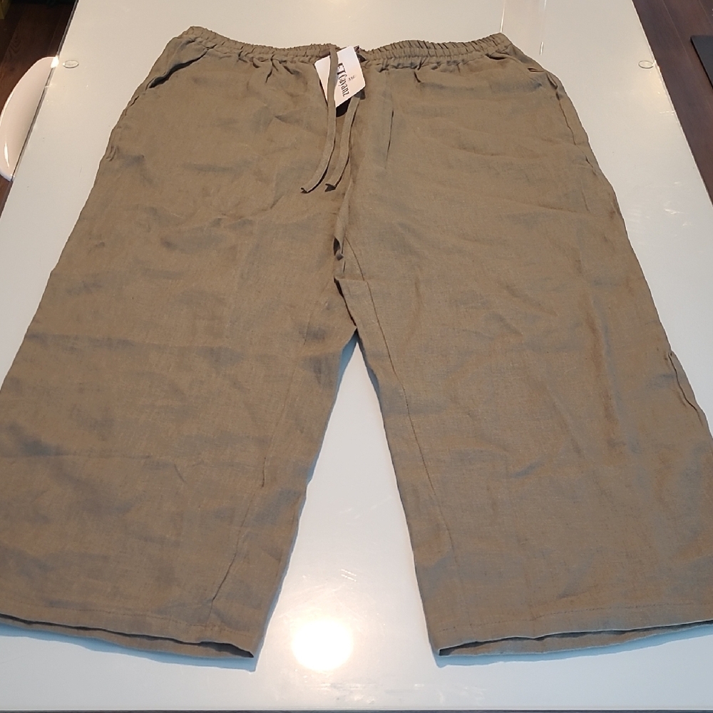 NWT FTCayanz Neutral Khaki 100% Linen Pull on Pants with Pockets and Drawstring